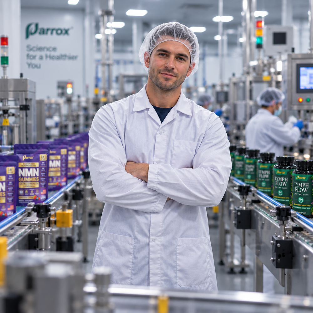 A man in a white lab coat, hair net, and face mask stands with arms crossed in a clean pharmaceutical or supplement manufacturing facility. Parrox branding is visible on a wall, and product bottles and boxes are arranged on conveyor belts in the background and foreground.