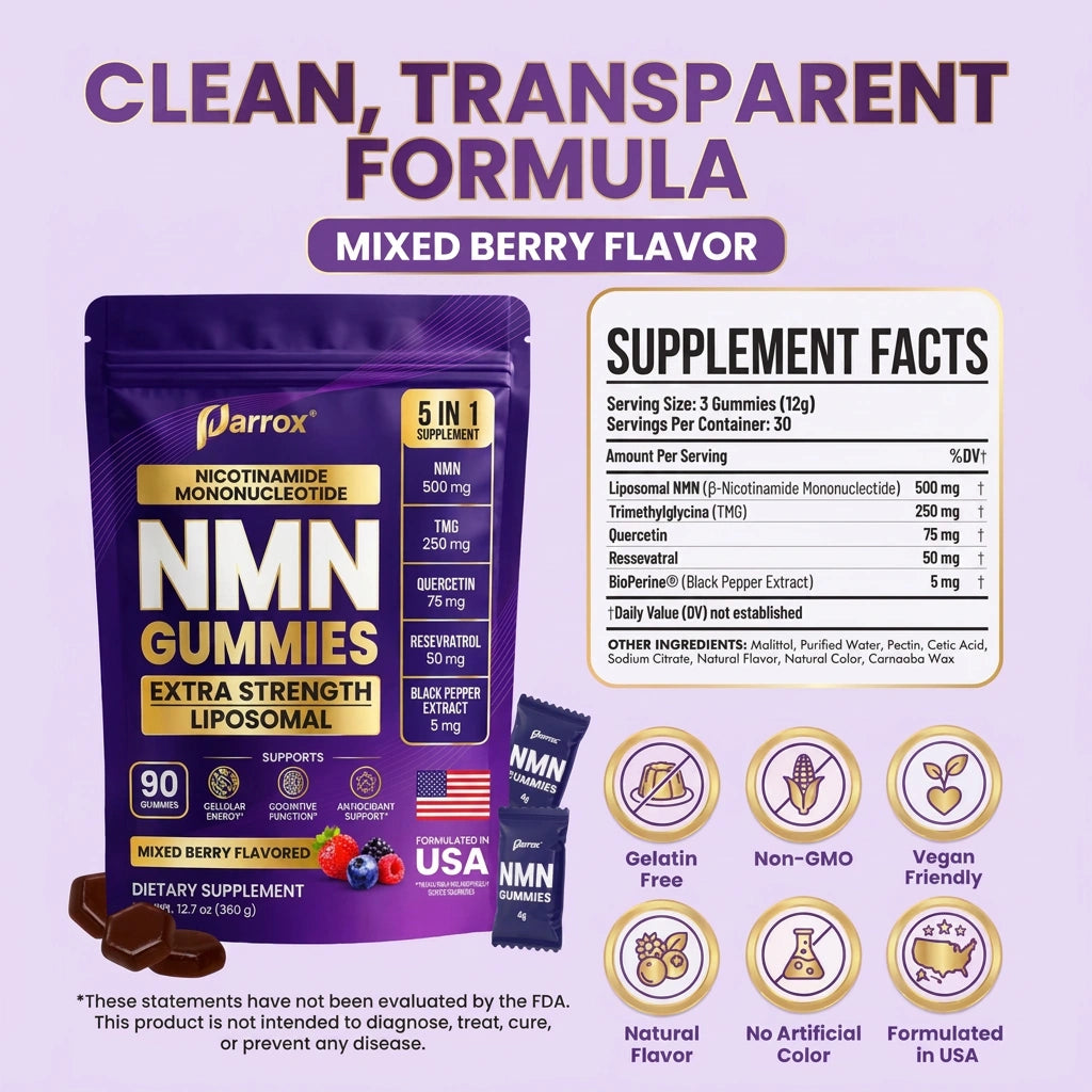 A package of Narrox NMN Gummies in mixed berry flavor, shown alongside a single gummy stick and a supplement facts panel on a light gray background with purple headline text and feature icons.