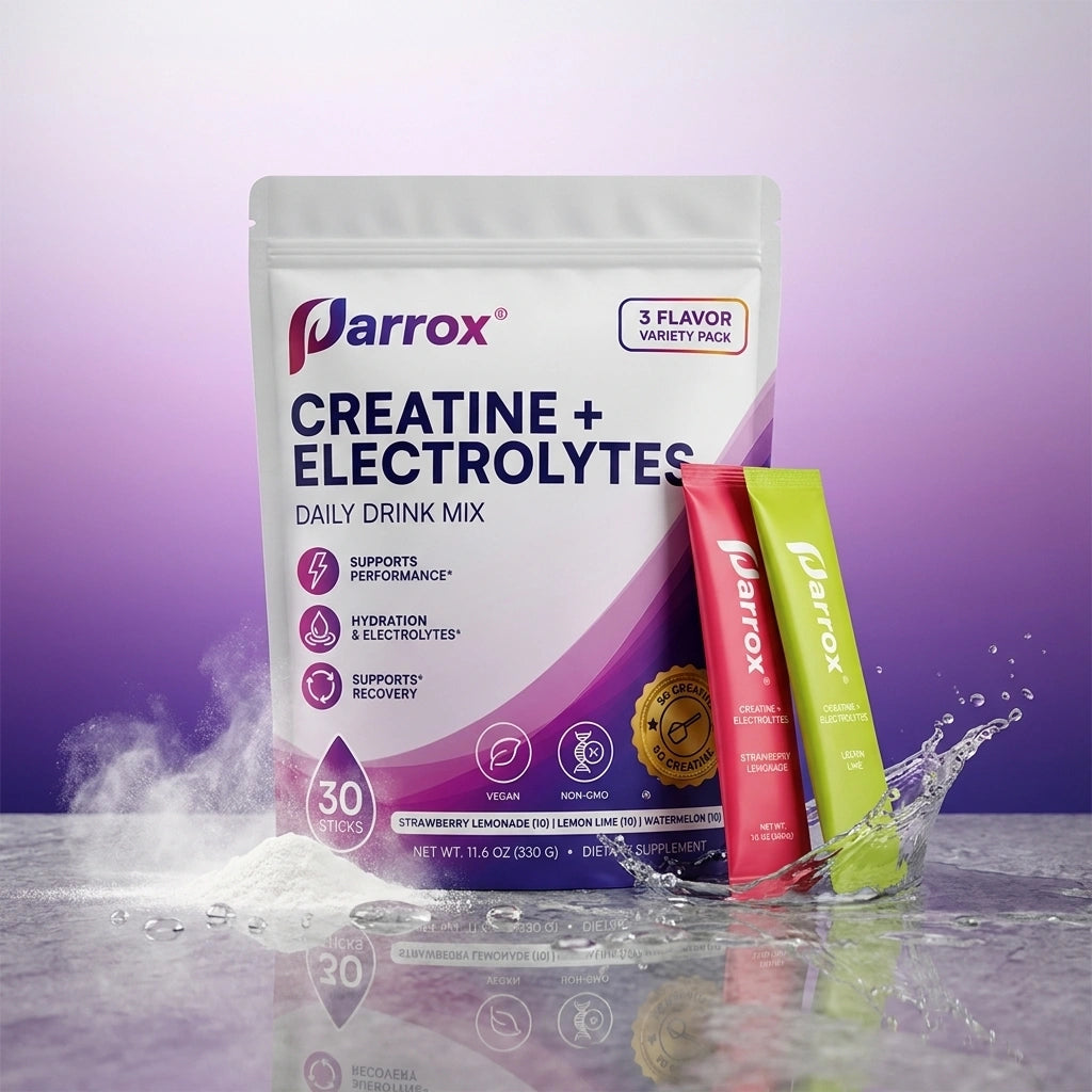 Parrox Creatine + Electrolytes daily drink mix pouch shown with two single-serve stick packs in red and green, set on a reflective surface with a purple gradient background and a splash effect.