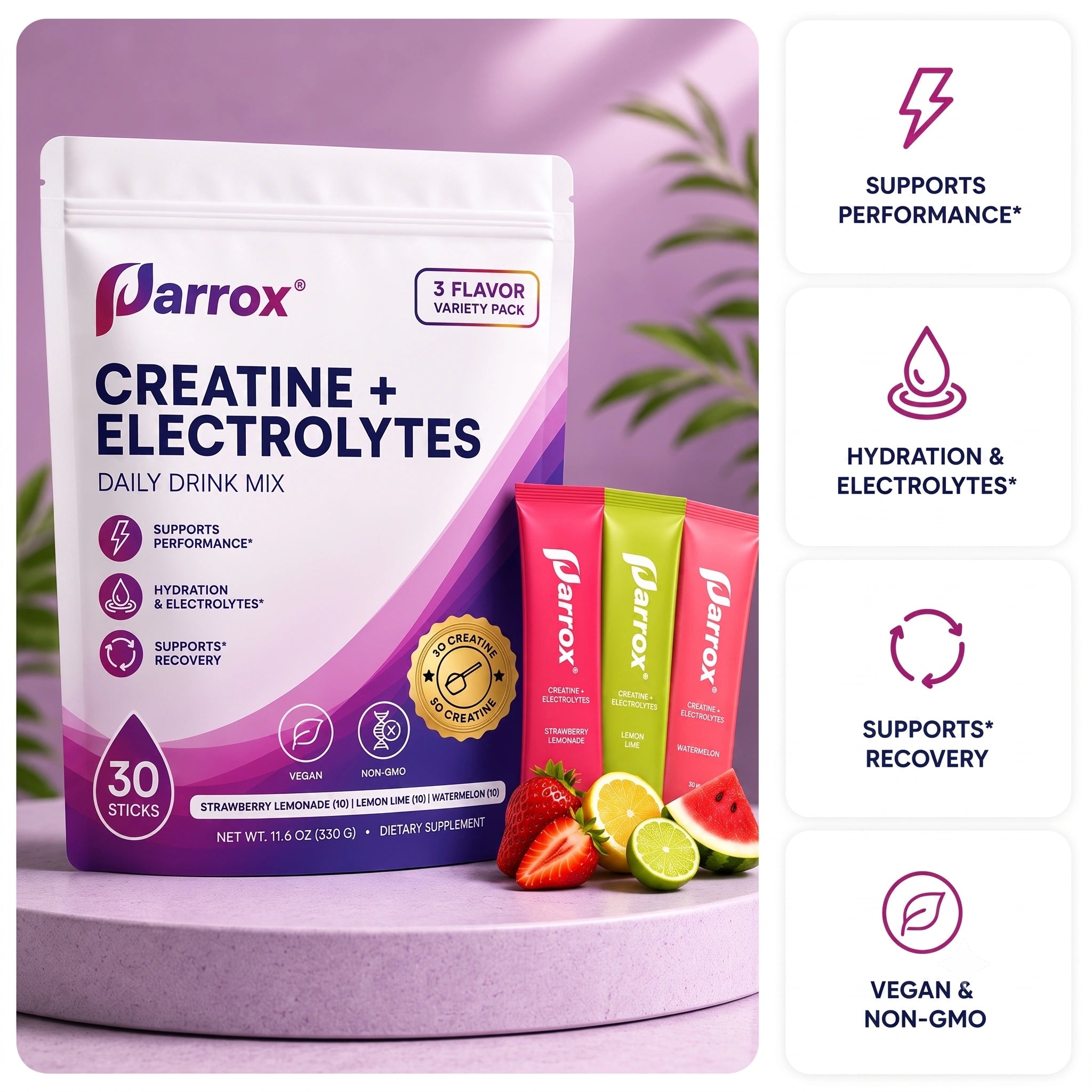Parrox Creatine + Electrolytes daily drink mix pouch shown with three single-serve stick packs in strawberry, lime, and watermelon flavors, plus five benefit callouts on the right.