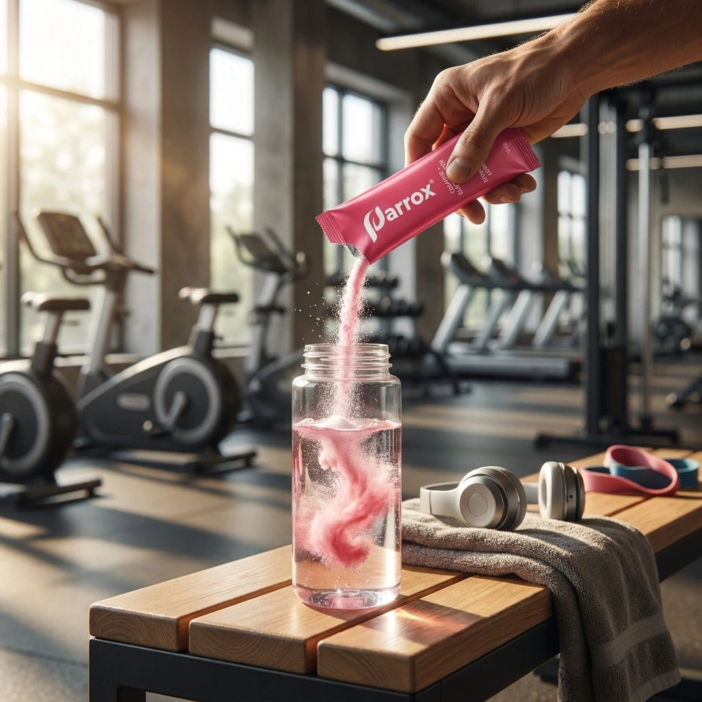 A hand pouring a pink powder from a pink Arrox sachet into a clear water bottle on a wooden gym bench, with exercise equipment blurred in the background.