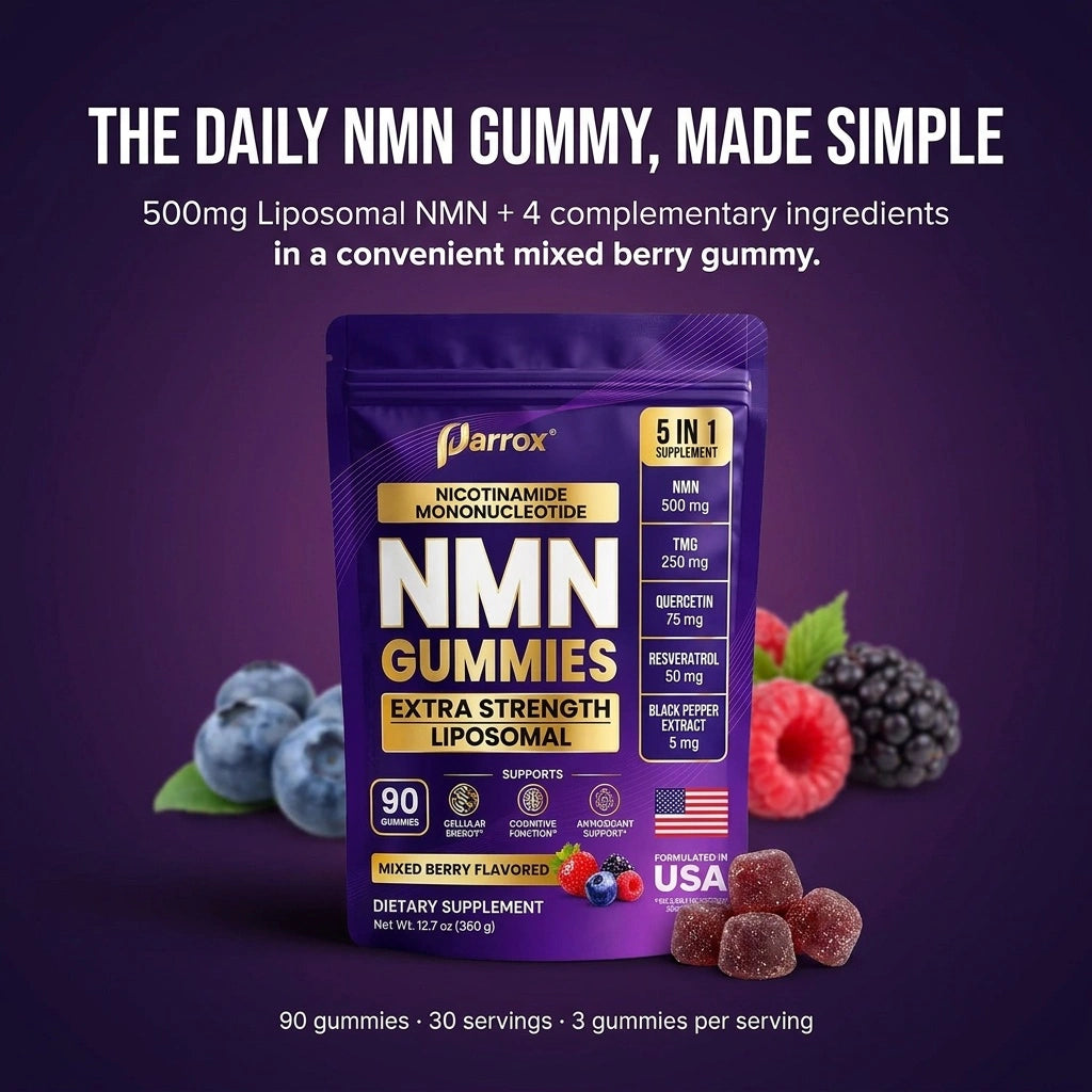 Parrox NMN Gummies in a purple stand-up pouch, displayed with mixed berry illustrations and several gummies on a dark purple background with promotional text.