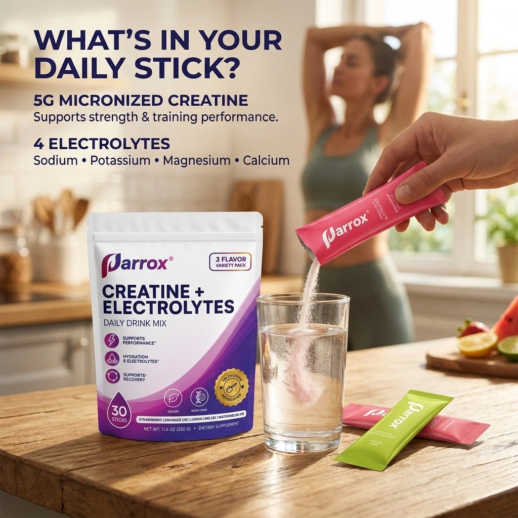 Parrox Creatine + Electrolytes daily drink mix shown in a kitchen setting, with a stand-up pouch on a wooden counter, a hand pouring the contents into a glass, and a blurred woman in the background. Text on the image highlights 5G micronized creatine and 4 electrolytes.