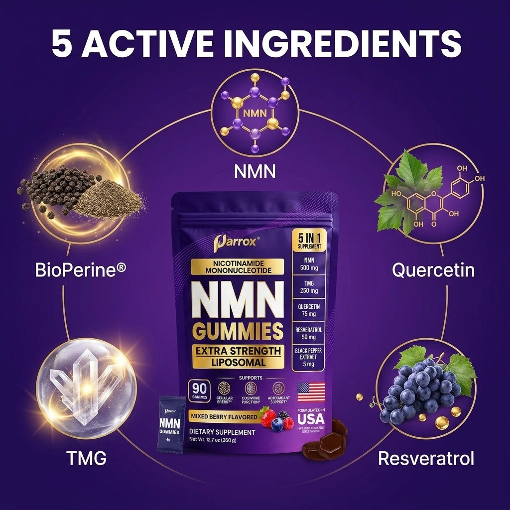 A purple promotional graphic centered on a pouch of Jarrowx NMN Gummies, surrounded by callouts for five active ingredients: NMN, BioPerine, TMG, Quercetin, and Resveratrol. The background is dark purple with glowing circular frames and ingredient illustrations.