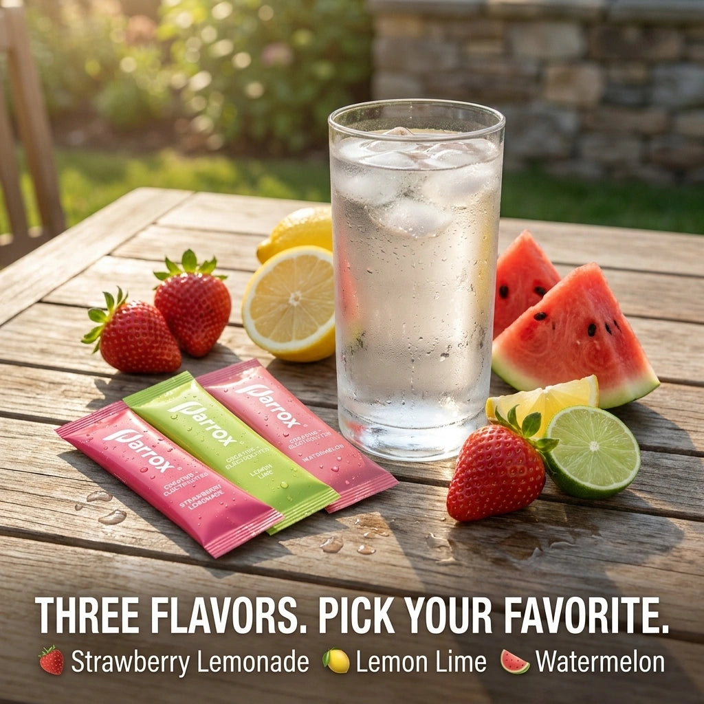 Three Paradox drink mix packets in pink, green, and white are displayed on a wooden table next to a glass of iced water, strawberries, watermelon slices, and lemon slices, with text at the bottom reading 'THREE FLAVORS. PICK YOUR FAVORITE.