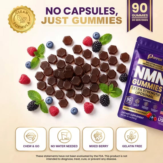 Promotional product graphic for Parrot NMN Gummies. The image shows a purple bag of Parrot NMN Gummies next to a scattered pile of dark brown hexagonal gummies, decorated with fresh berries, blueberries, raspberries, mint leaves, and a gold 'Clean Formula' seal.