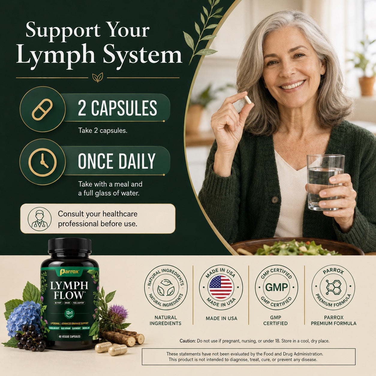 Liposomal Lymphatic Drainage Supplement with Cleavers, Dandelion Root, Red Clover, Burdock Root, Blue Vervain, Elderberry, Turmeric, Mullein, Black Seed, Chlorophyll & BioPerine, 60 Capsules
