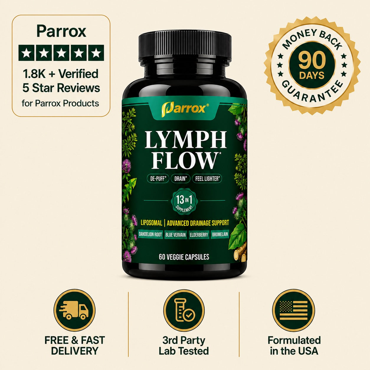 Liposomal Lymphatic Drainage Supplement with Cleavers, Dandelion Root, Red Clover, Burdock Root, Blue Vervain, Elderberry, Turmeric, Mullein, Black Seed, Chlorophyll & BioPerine, 60 Capsules