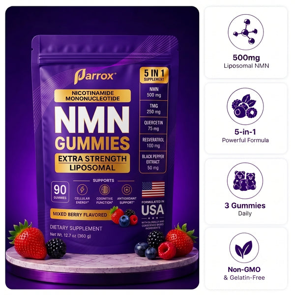 A purple stand-up pouch of Marrox NMGummies dietary supplement displayed on a marble-like pedestal with strawberries and berries, alongside four white feature callout panels describing 500mg liposomal NMN, a 5-in-1 formula, 3 gummies daily, and non-GMO & gelatin-free.