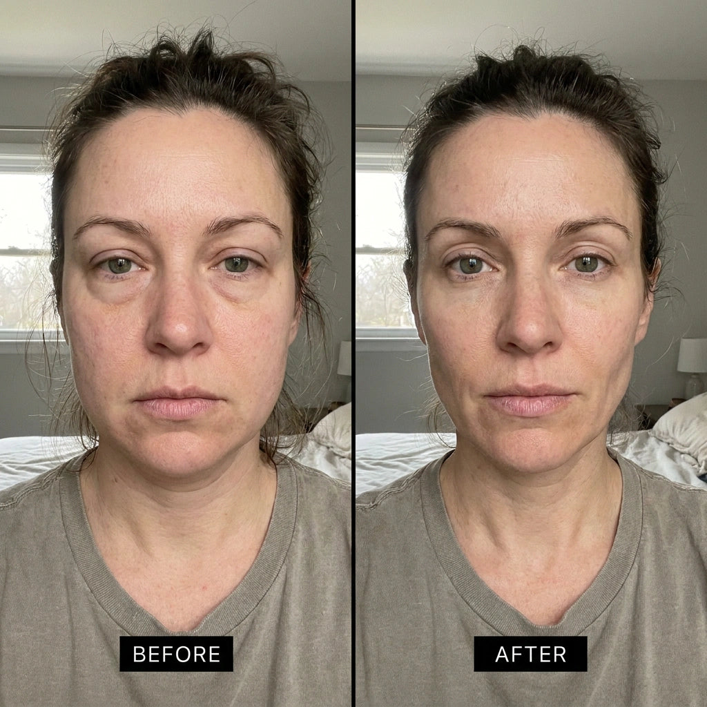 A side-by-side before and after comparison of a woman's face, showing skin improvement. The left panel is labeled 'BEFORE' and shows darker under-eye circles and a more natural complexion.
