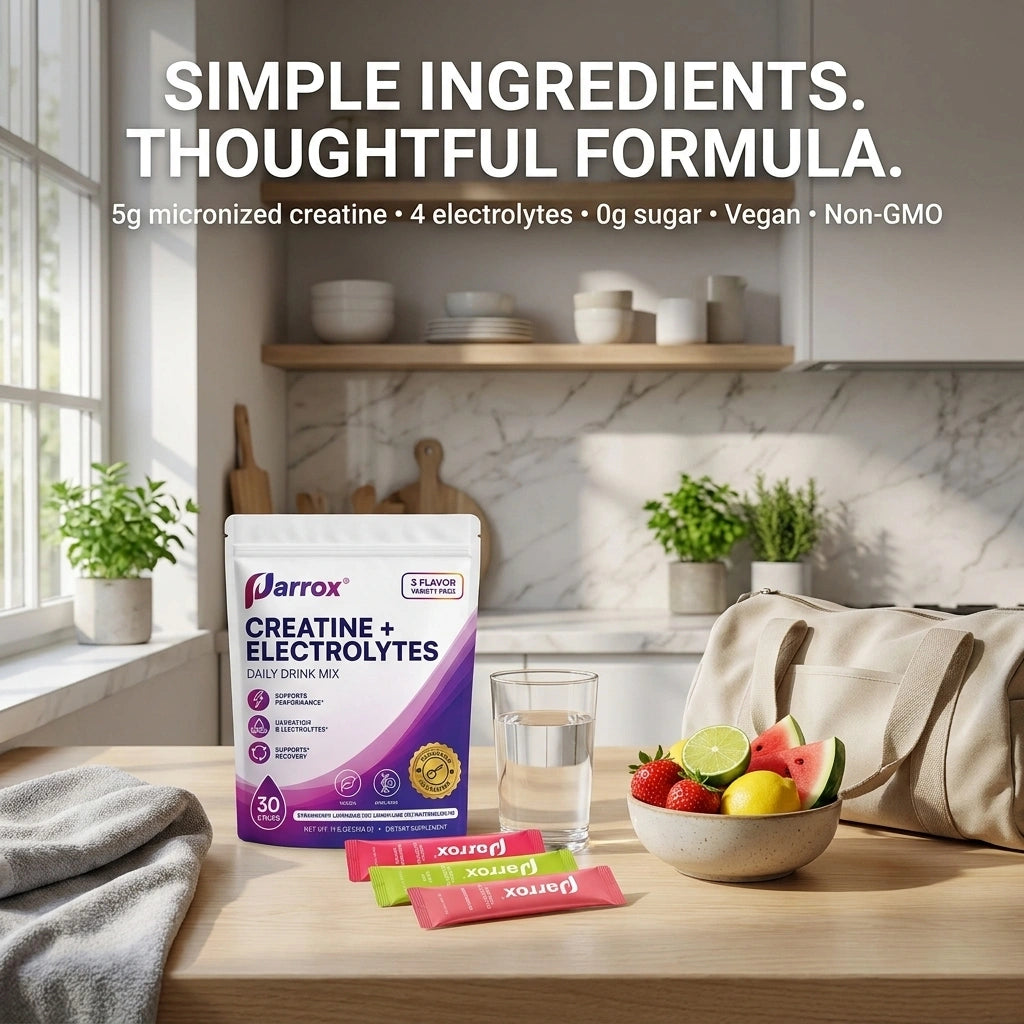 A bag of Parrox Creatine + Electrolytes powder drink mix stands on a kitchen counter with a glass of water, a bowl of fruit, and a tote bag in a bright kitchen setting. Large marketing text at the top reads 'SIMPLE INGREDIENTS.