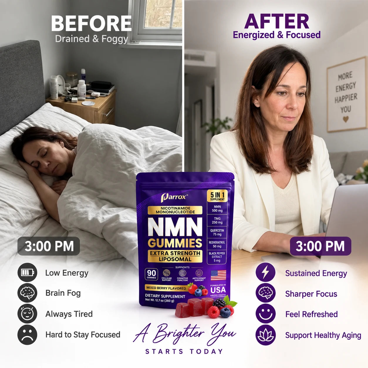Parrox NMN Gummies 500mg – Liposomal NMN | 5-in-1 with TMG | Quercetin | Resveratrol | BioPerine® – NAD+ Precursor – Gelatin Free, Non-GMO, No Artificial Colors – Mixed Berry, 90ct, 2 Pack